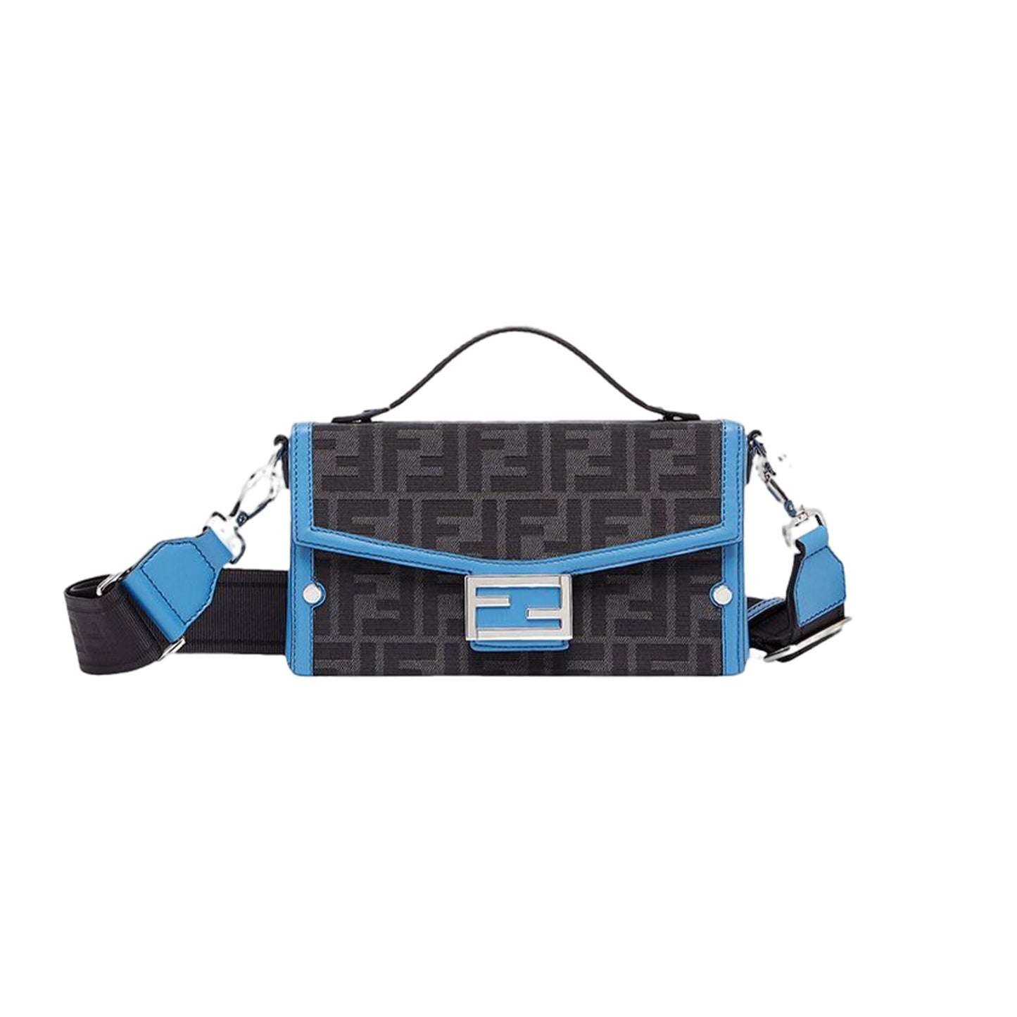 F**di baguette soft trunk bag blue leather and ff fabric bag 7va565afbvf1kaw (21*12*6cm)