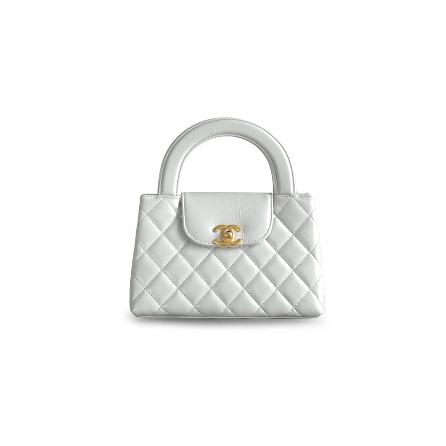 Ch*el kelly shopper milk gray glossy distressed calfskin brushed gold hardware as4416 (19*13*7cm)
