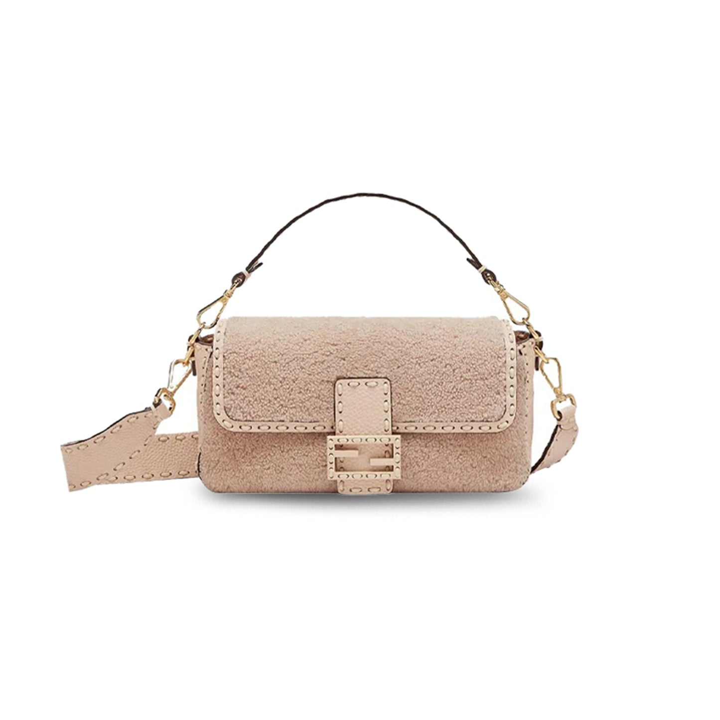F**di baguette nm bag shearling with stitched leather medium pink 8br600ah96f1f7n (27*15*6cm)