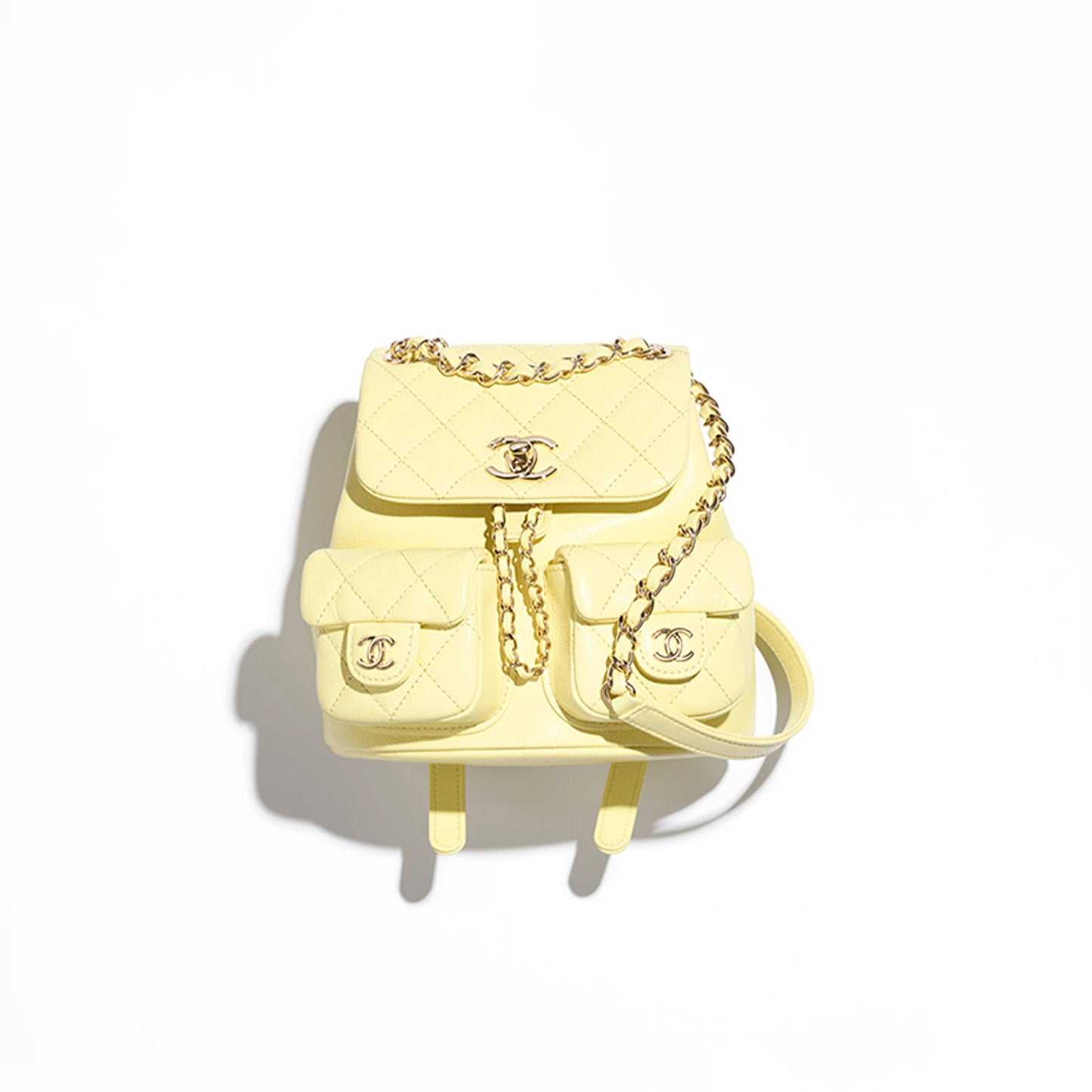 Ch*el small backpack grained calfskin & gold-tone metal light yellow as3787 b16985 (17.5*16.5*10cm)