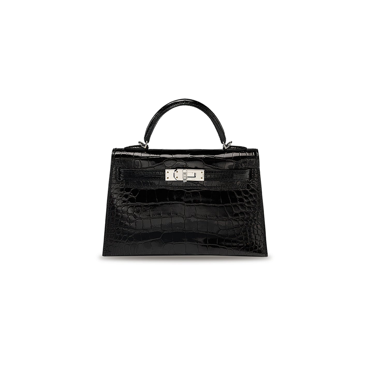 H**mes master a shiny black alligator mini kelly ii with palladium hardware (19*12*5.5cm)
