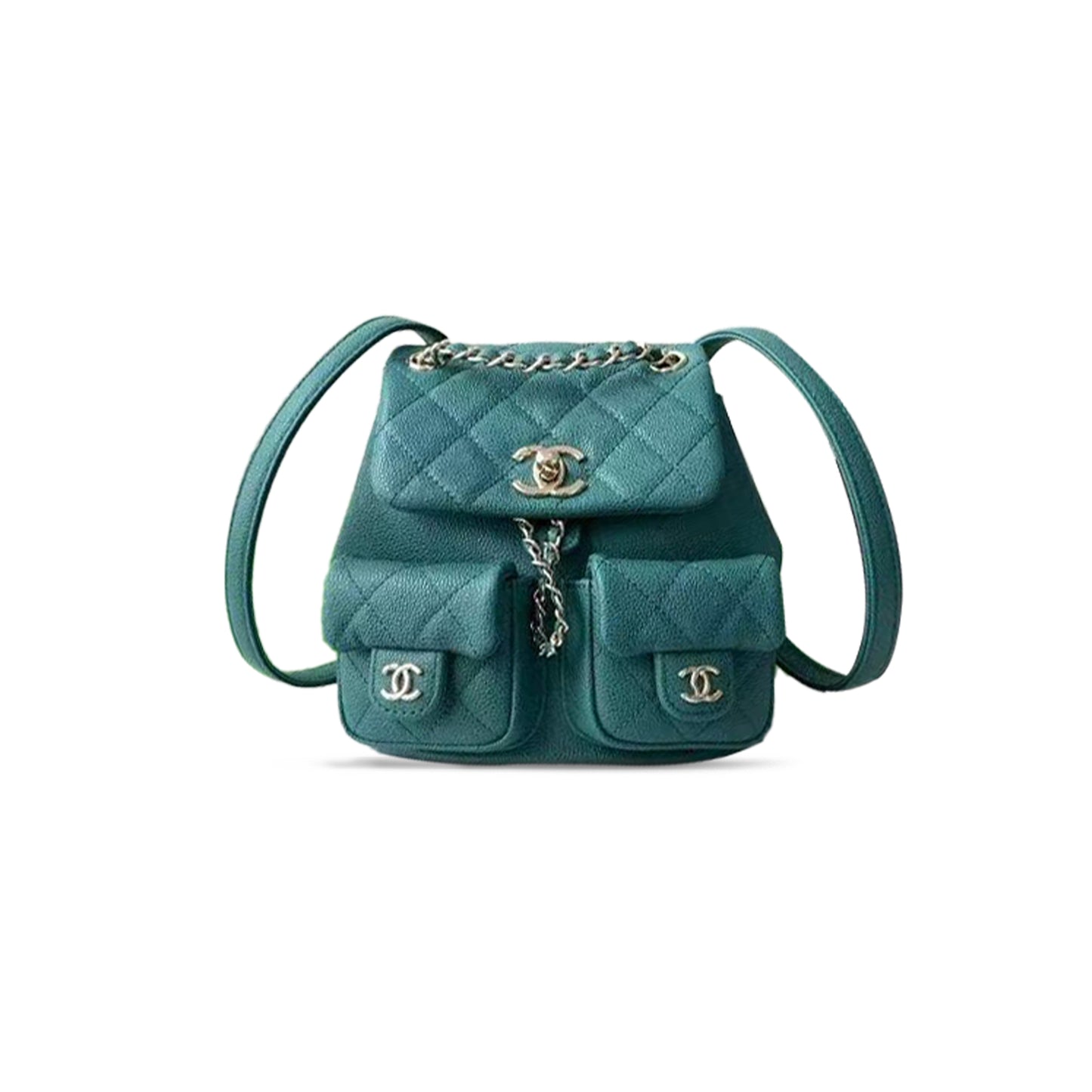 Ch*el small backpack grained calfskin & gold-tone metal green as3787 b16984 (17.5*16.5*10cm)