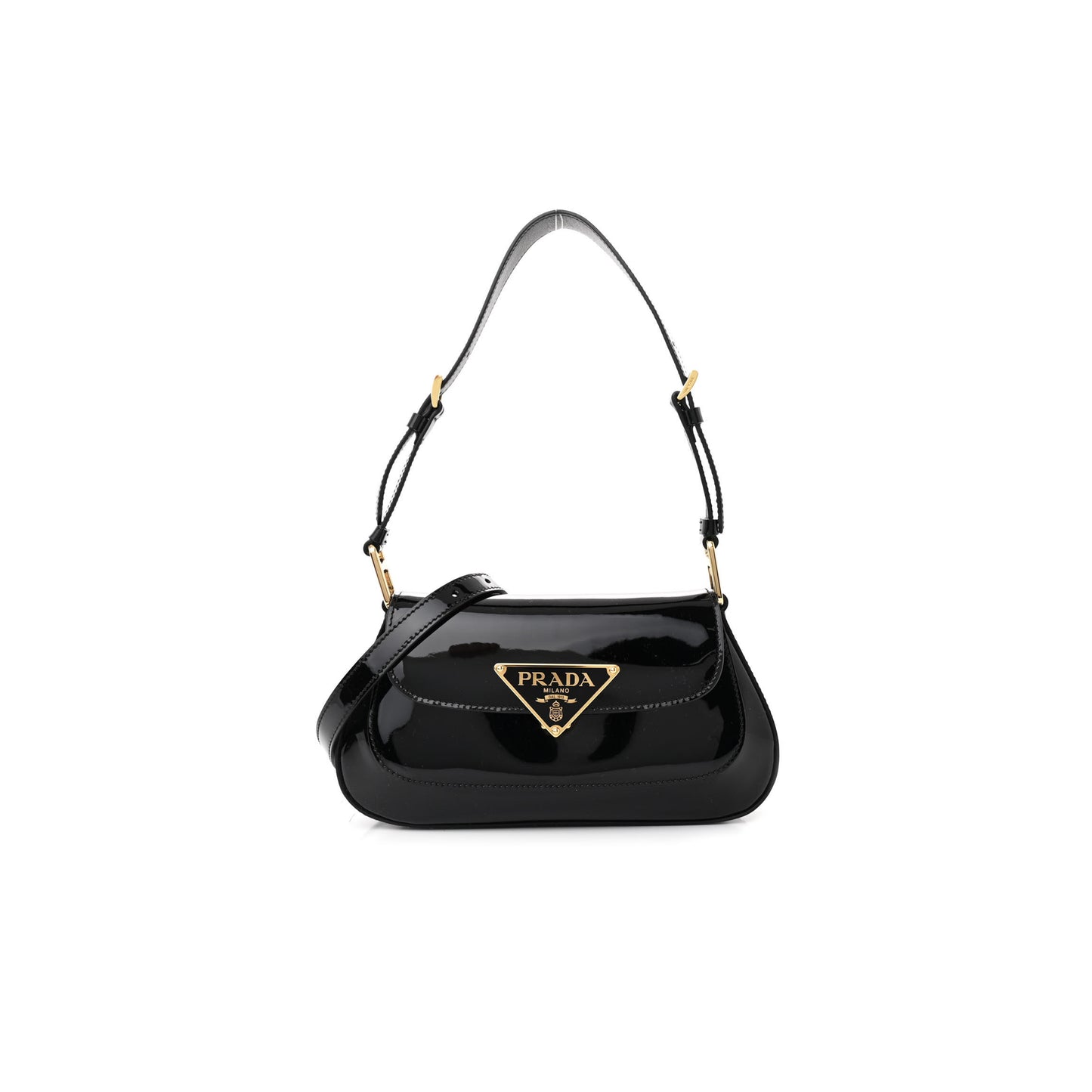Pra*a vernice triangle logo flap adjustable strap shoulder bag black 1bd355 (24*11*4cm)