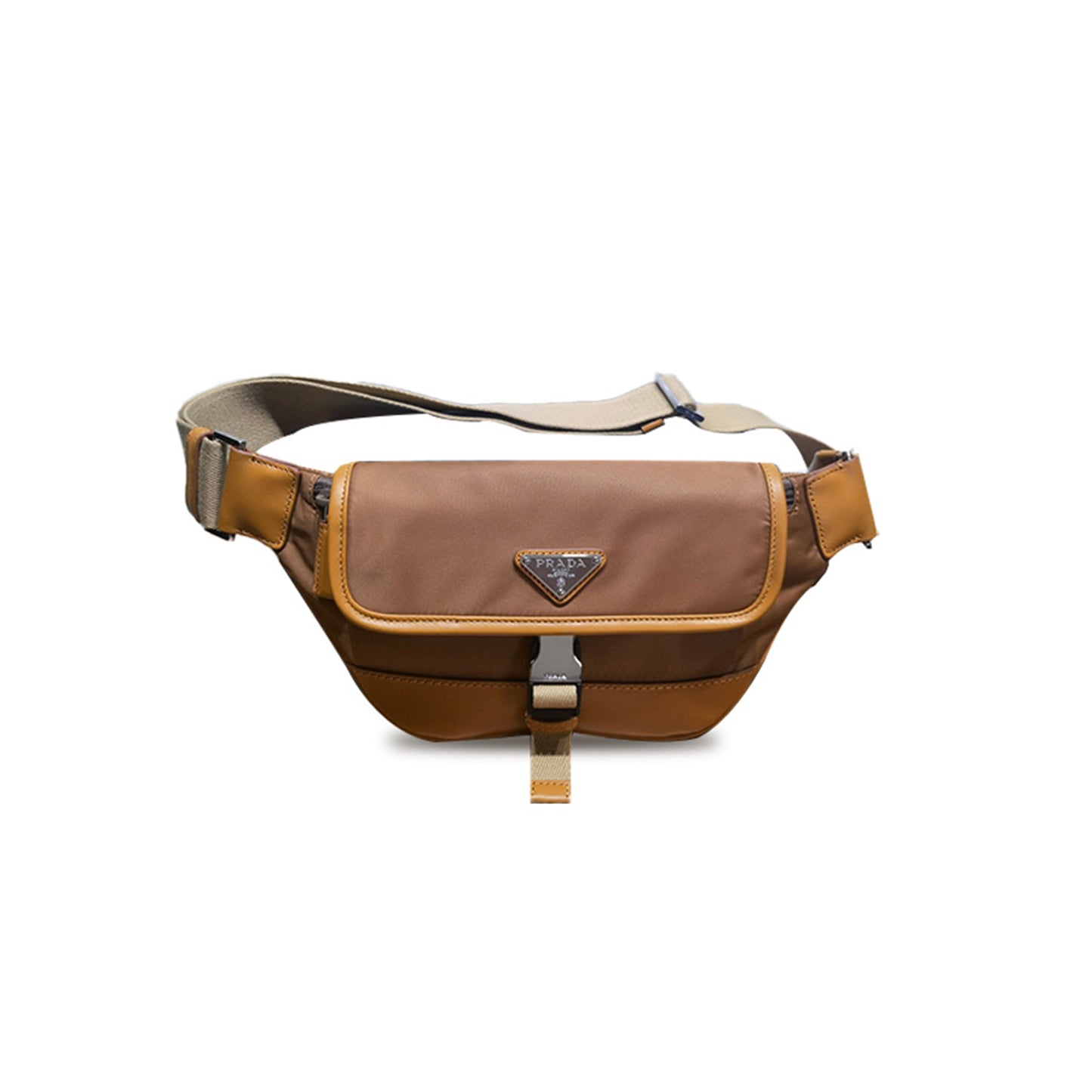 Pra*a military caramel re-nylon and leather shoulder bag 2vh176 (18*15*5cm)