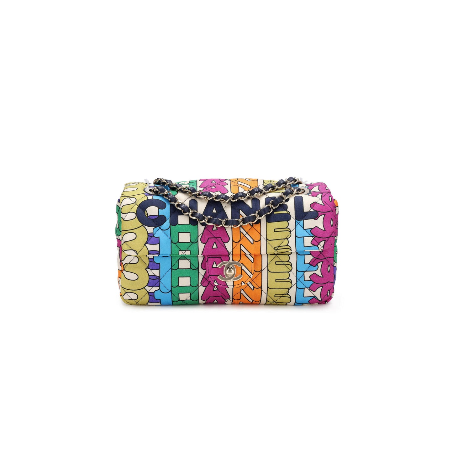 Ch**el rainbow quilted nylon medium logo flap gold hardware as2897 (24.5*15*5cm)