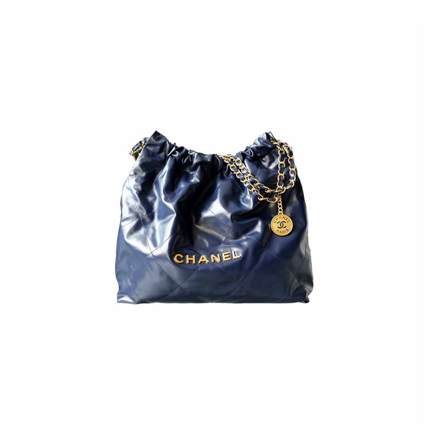 Ch*el shiny calfskin quilted medium 22 navy (42*39*8cm)