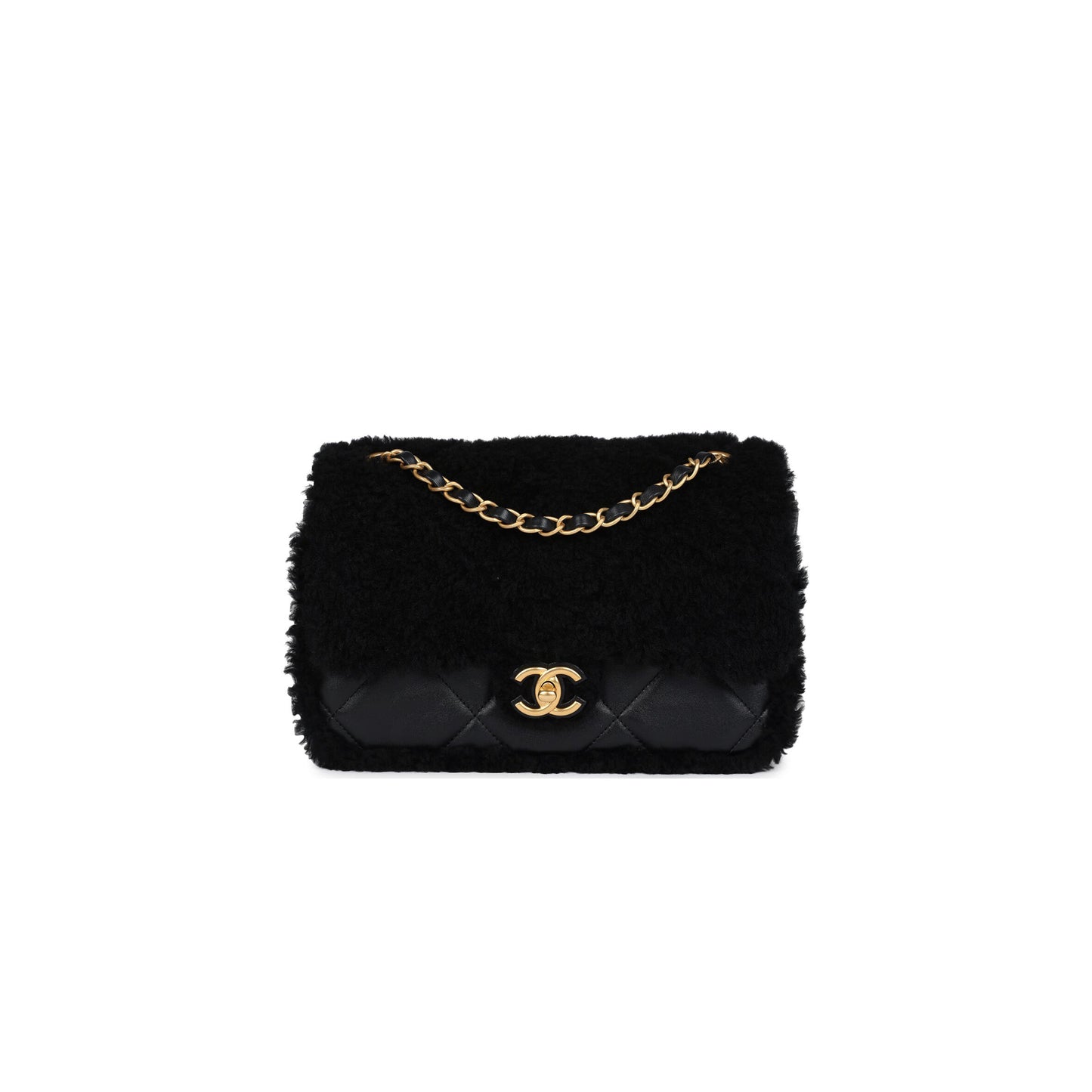 Ch*el medium shearling flap bag black lambskin brushed gold hardware (23.5*16*7.5cm)