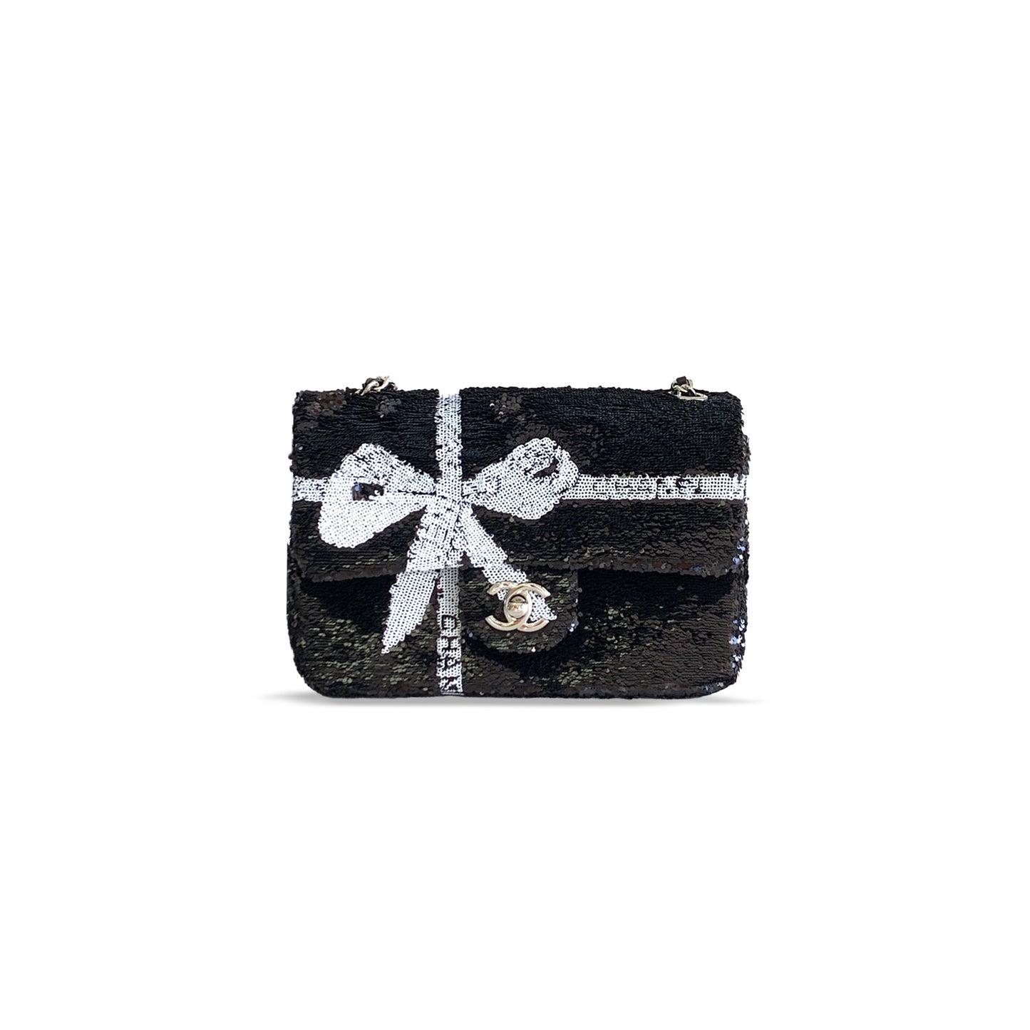 Ch*el 24b white & black sequin bow mini flap silver hardware bag as2090 (20*13*6cm)