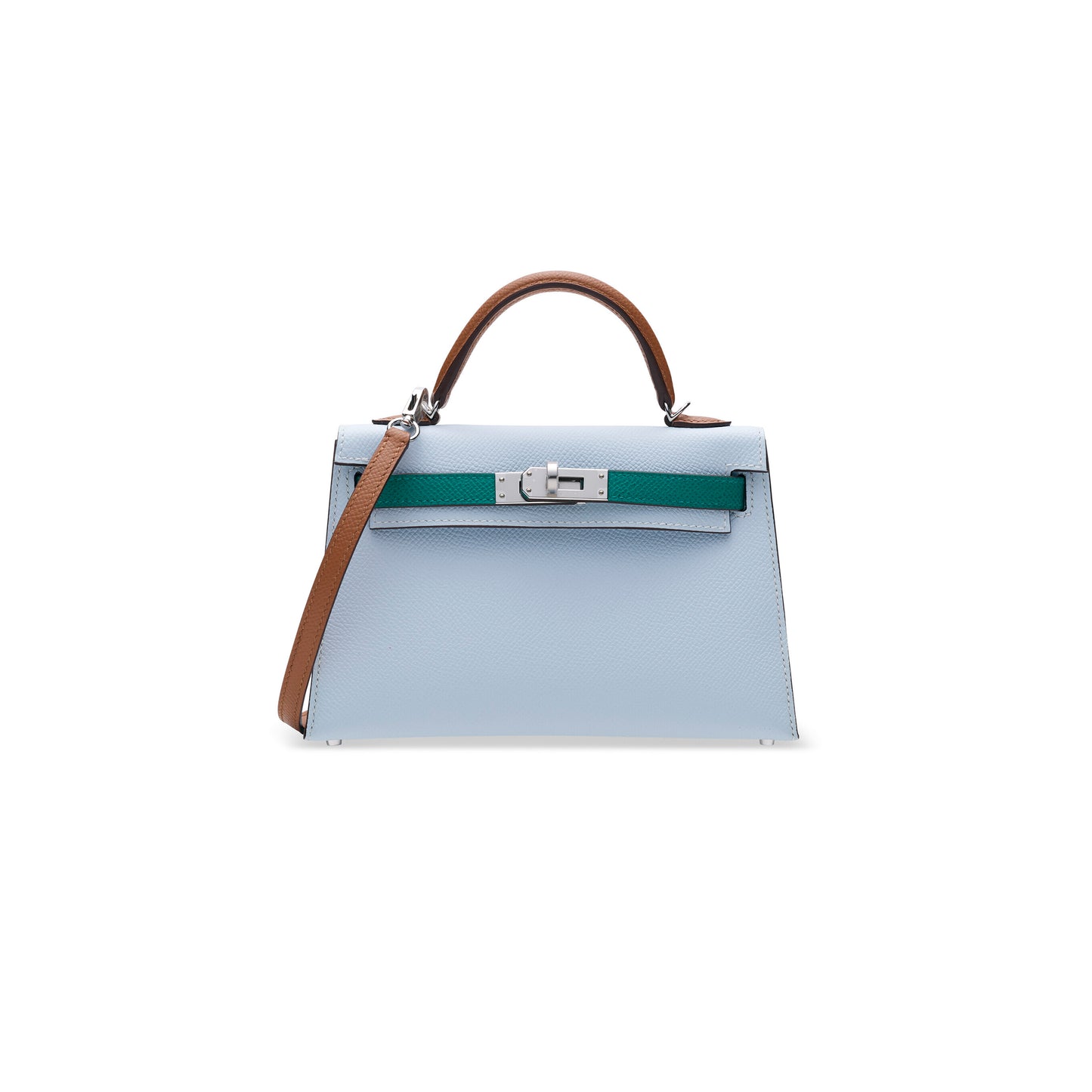 H**mes master haze blue and imperial green and sesame epsom leather tricolor mini kelly 20 ii with palladium hardware (19*12*5.5cm)