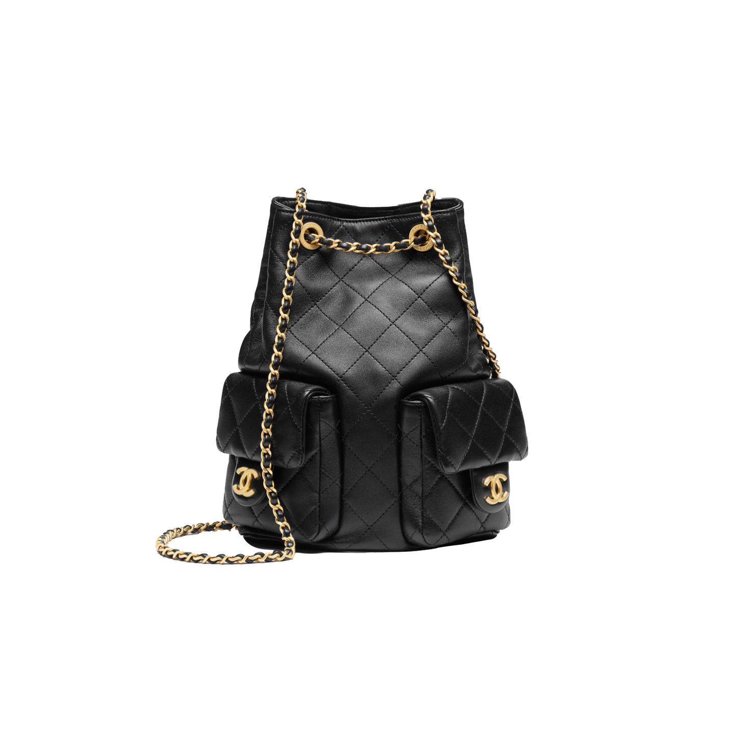 Ch*el black backpack shiny lambskin & gold-tone metal as5310 (24.3*18*7.8cm)