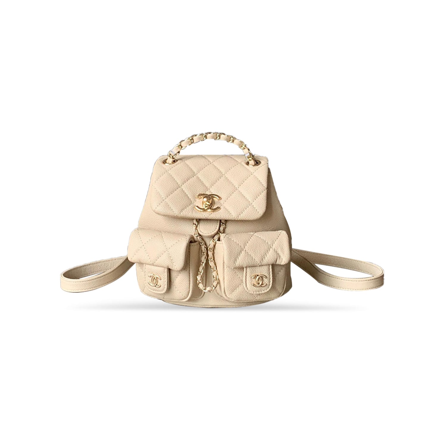 Ch**el master small shiny caviar quilted duma pockets drawstring backpack milk tea color 129220 (17.5*16.5*10cm)