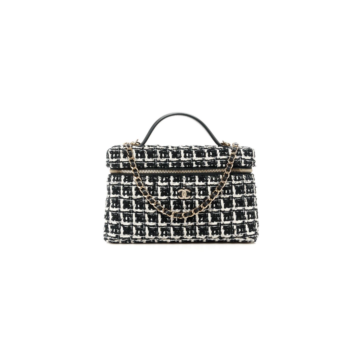 Ch**el tweed quilted top handle slim long vanity black ecru white ap4385 (19.5*17*5cm)