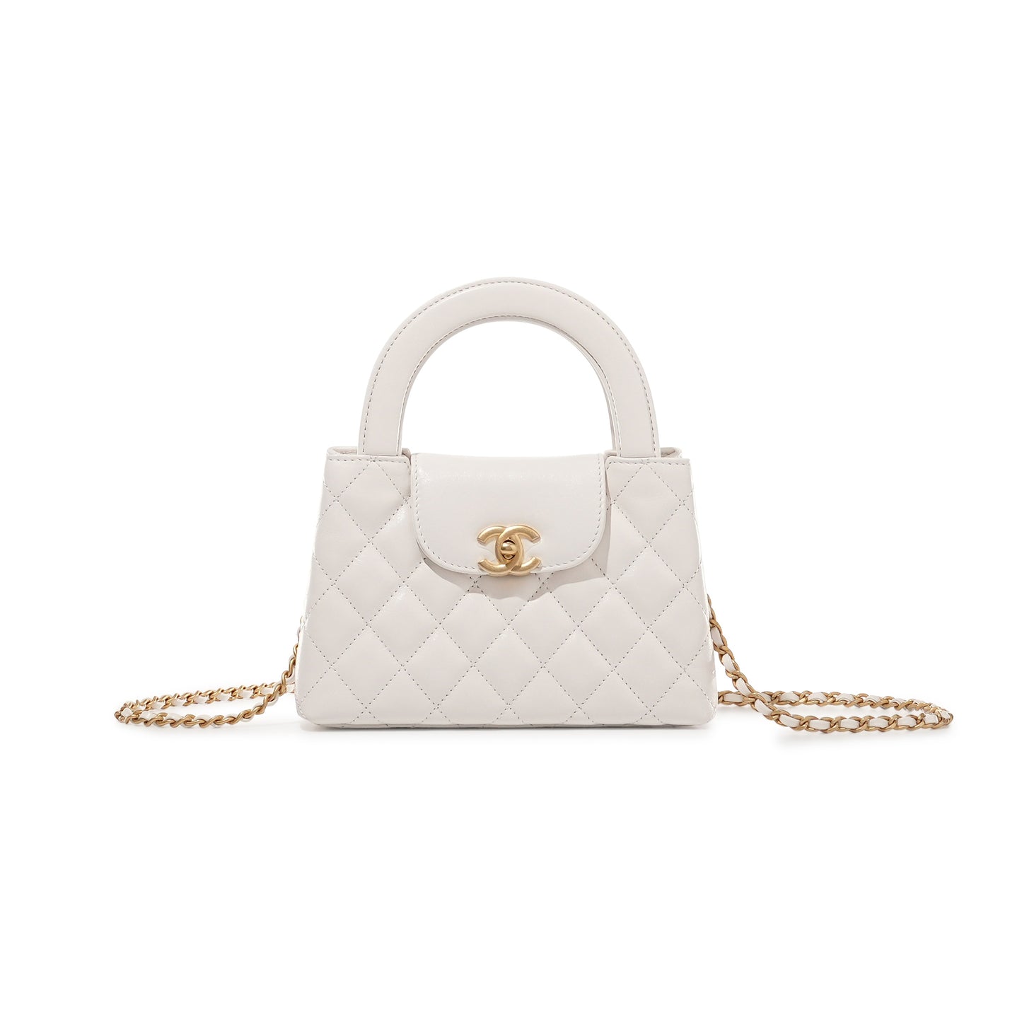 Ch*el master white quilted calfskin mini kelly bag brushed gold hardware as4416 (19*13*7cm)