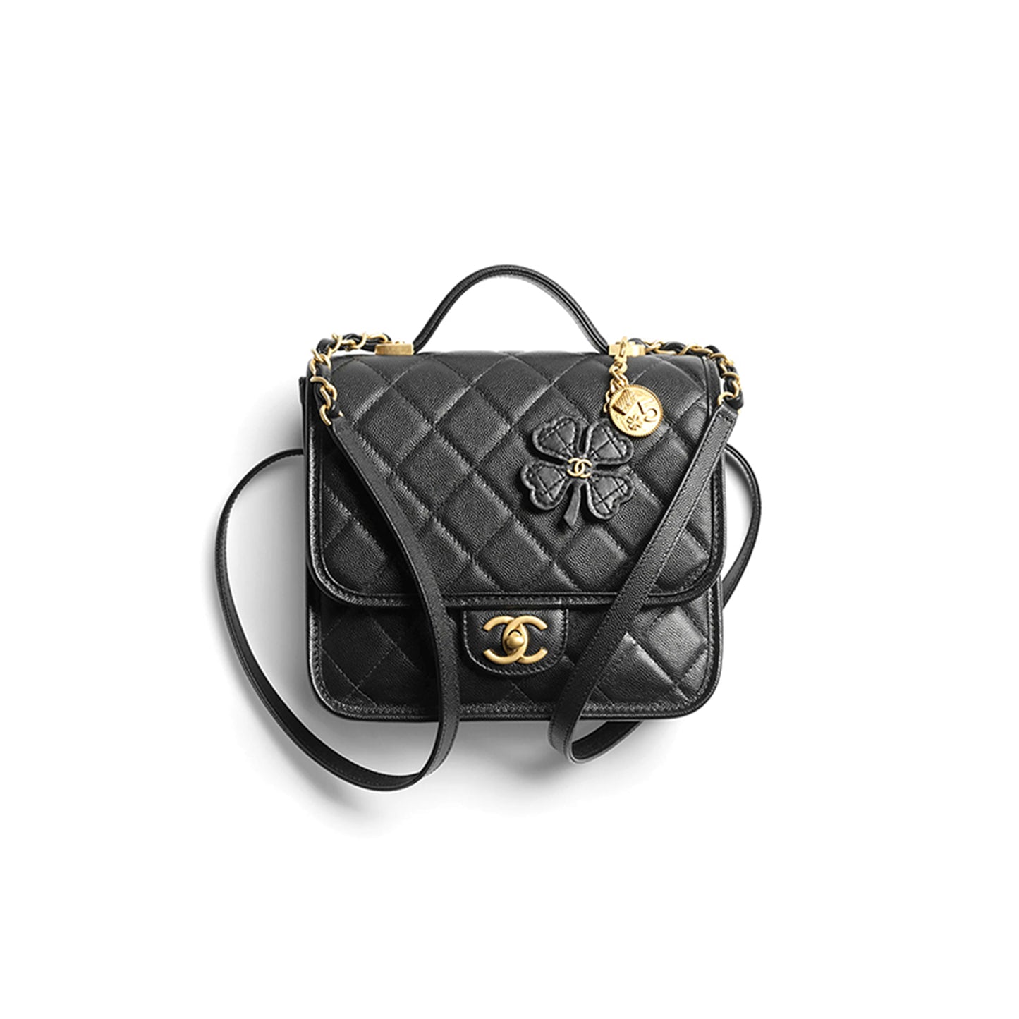 Ch**el backpack grained shiny calfskin & gold-tone metal black as5715 (22*19.5*7cm)