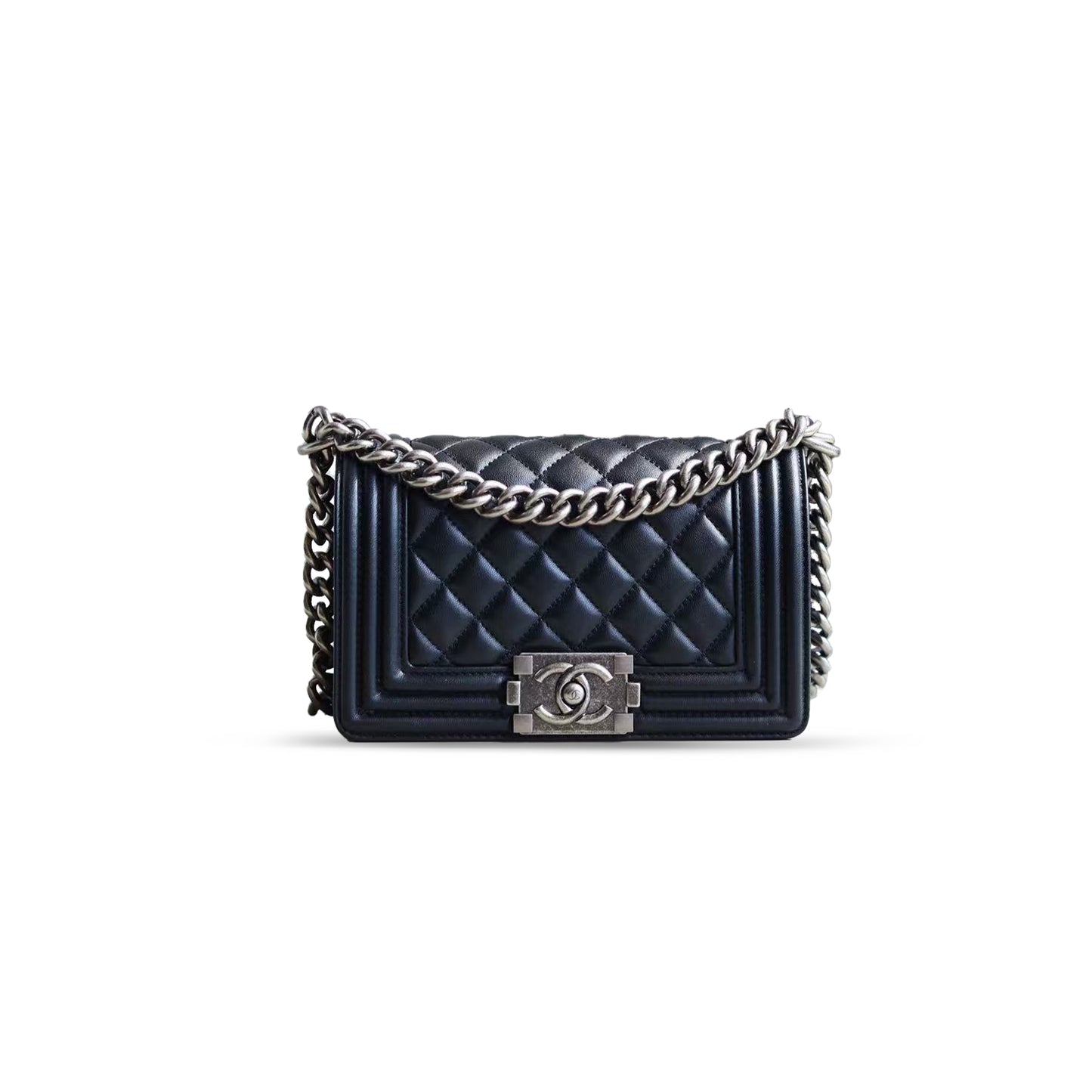 Ch*el small boy Ch*el handbag lambskin & ruthenium-finish metal black a67085 (20.5*12*8.5cm)