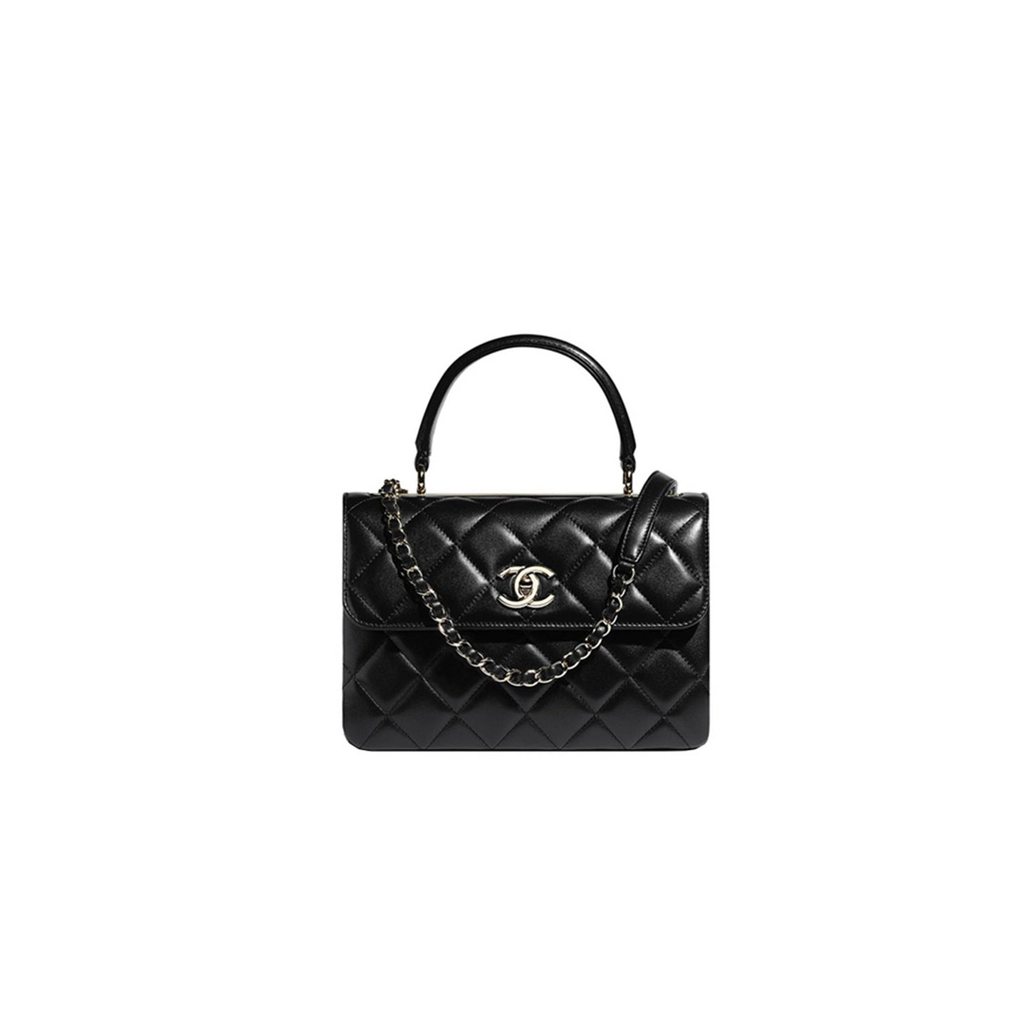 Ch*elmaster flap bag top handle quilted lambskin gold-tone small black a92236 (25*17*12cm)