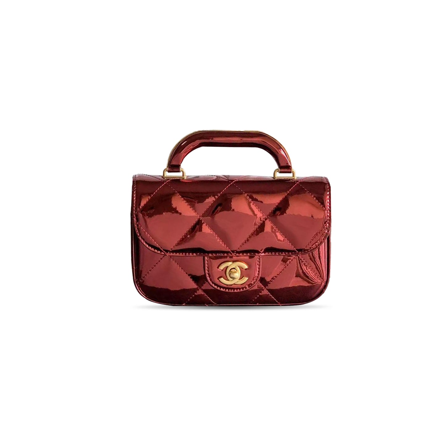 Ch**el flap bag with top handle metallic mirror calfskin & gold-tone metal burgundy as5850 (18.5*12.9*4.5cm)