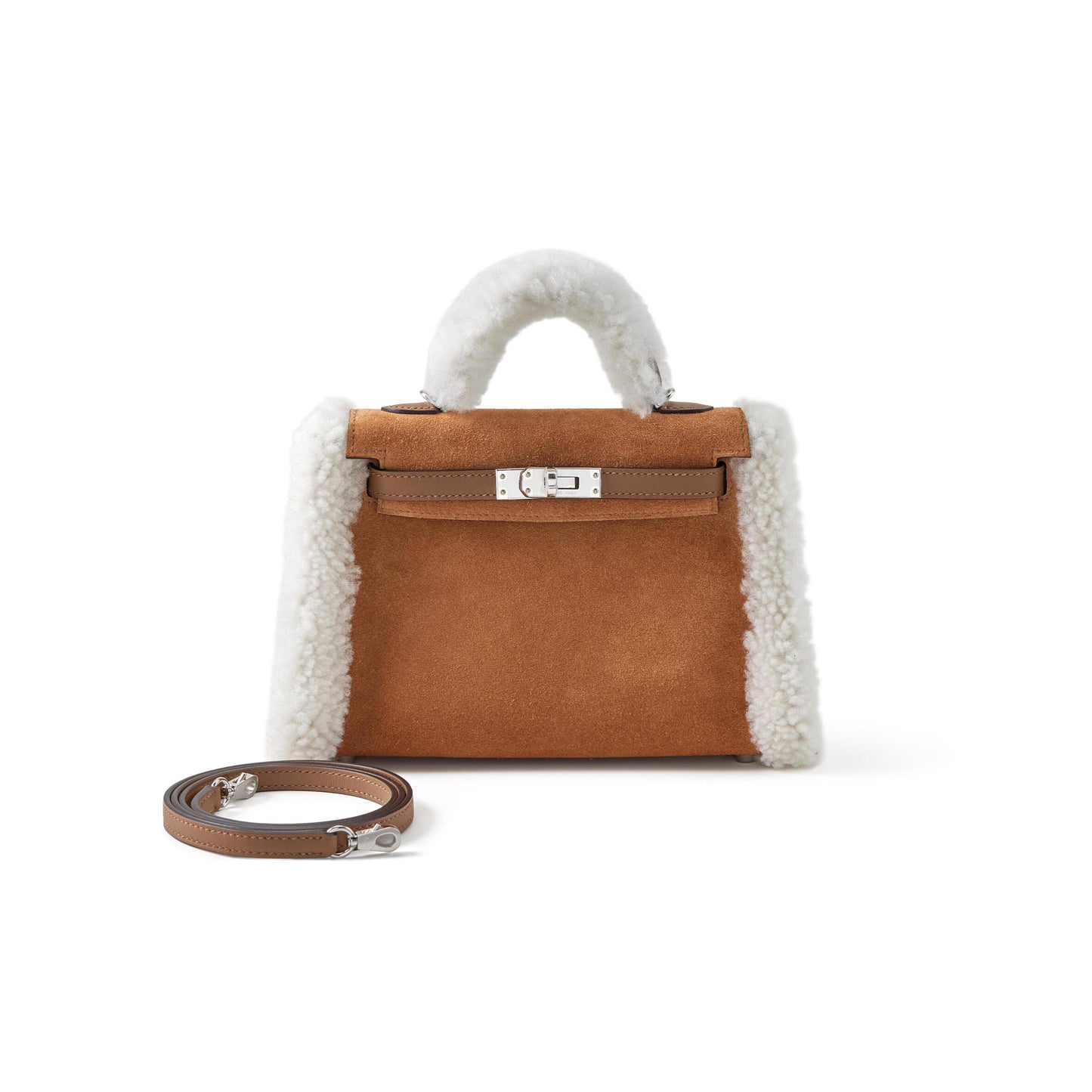 H**me5 limited edition alezan swift, chamois grizzly and ecru shearling teddy plush mini kelly ii 20 palladium hardware h084115ckac (19*12*6cm)