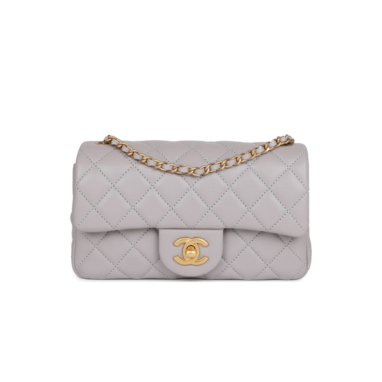 Ch*el pearl crush mini rectangular flap bag light grey lambskin antique gold hardware (20*13*6cm)