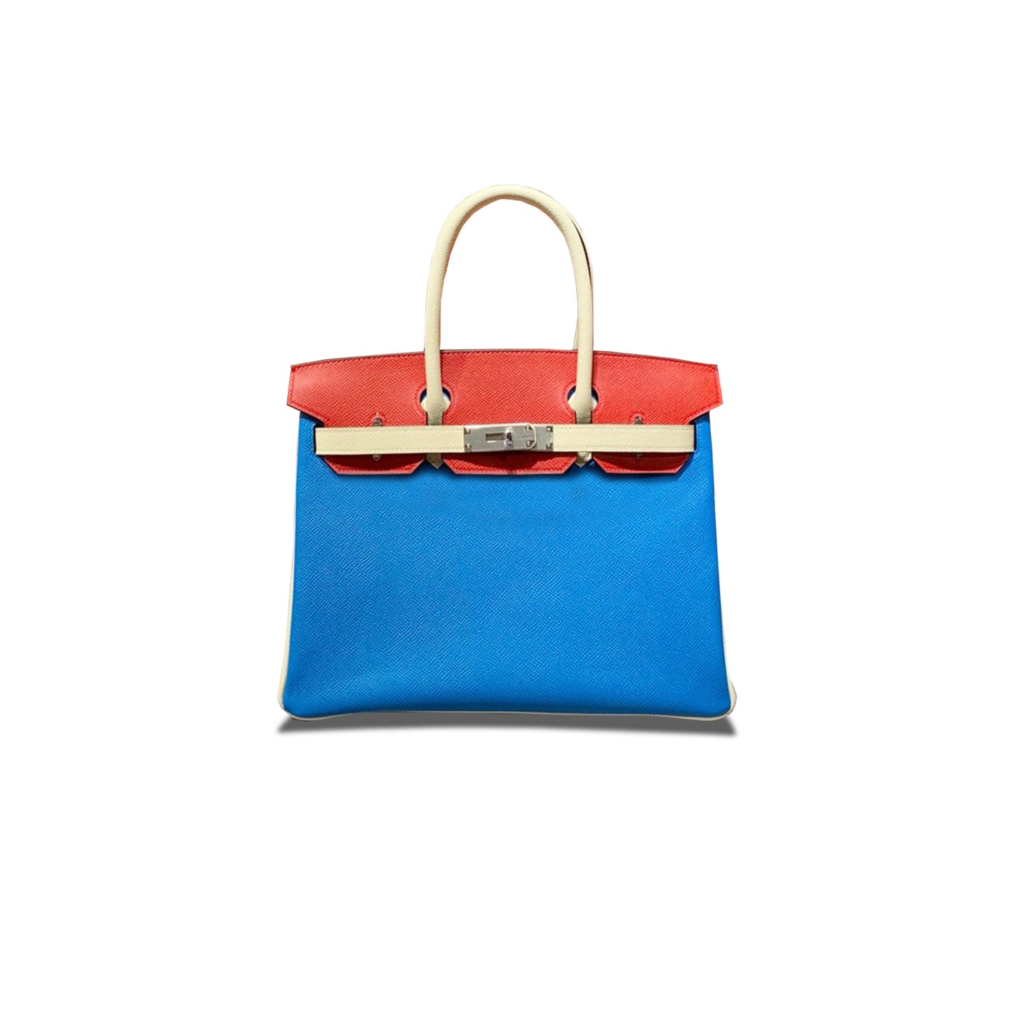 H**mes master birkin 30 epsom water fairy blue with red and milkshake white with silver buckle h028362cc09 (30*23*15cm)