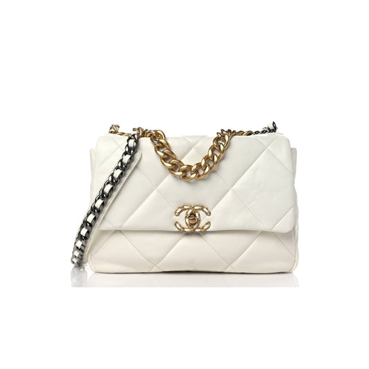 Ch*el lambskin quilted large Ch*el 19 flap white gold hardware (30*20*9cm)