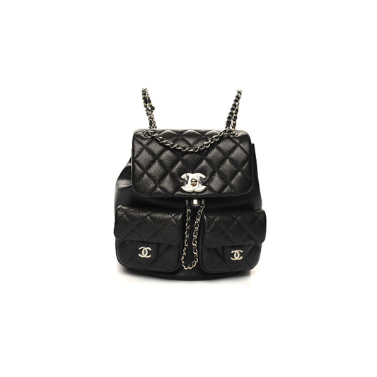 Ch*el master shiny caviar quilted medium duma pockets drawstring backpack black (20.5*20*11.5cm)