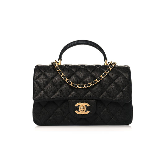 Ch*el caviar quilted mini top handle rectangular flap black gold hardware (20*13*6cm)