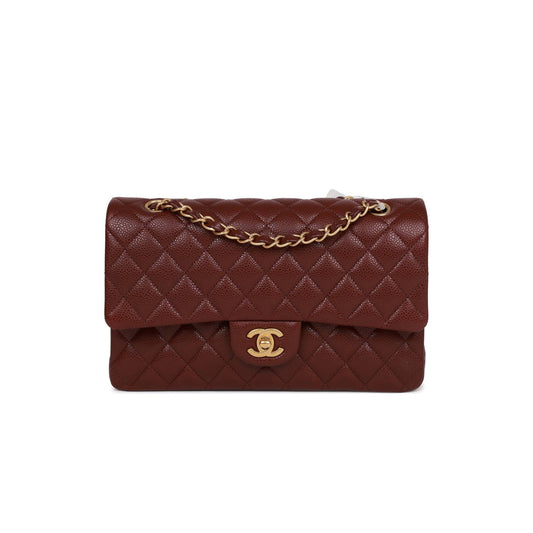 Ch*el medium classic double flap bag burgundy caviar antique gold hardware (25*15*7cm)