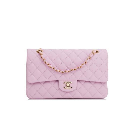 Ch*el medium classic double flap bag rose clair caviar light gold hardware (25*15*7cm)