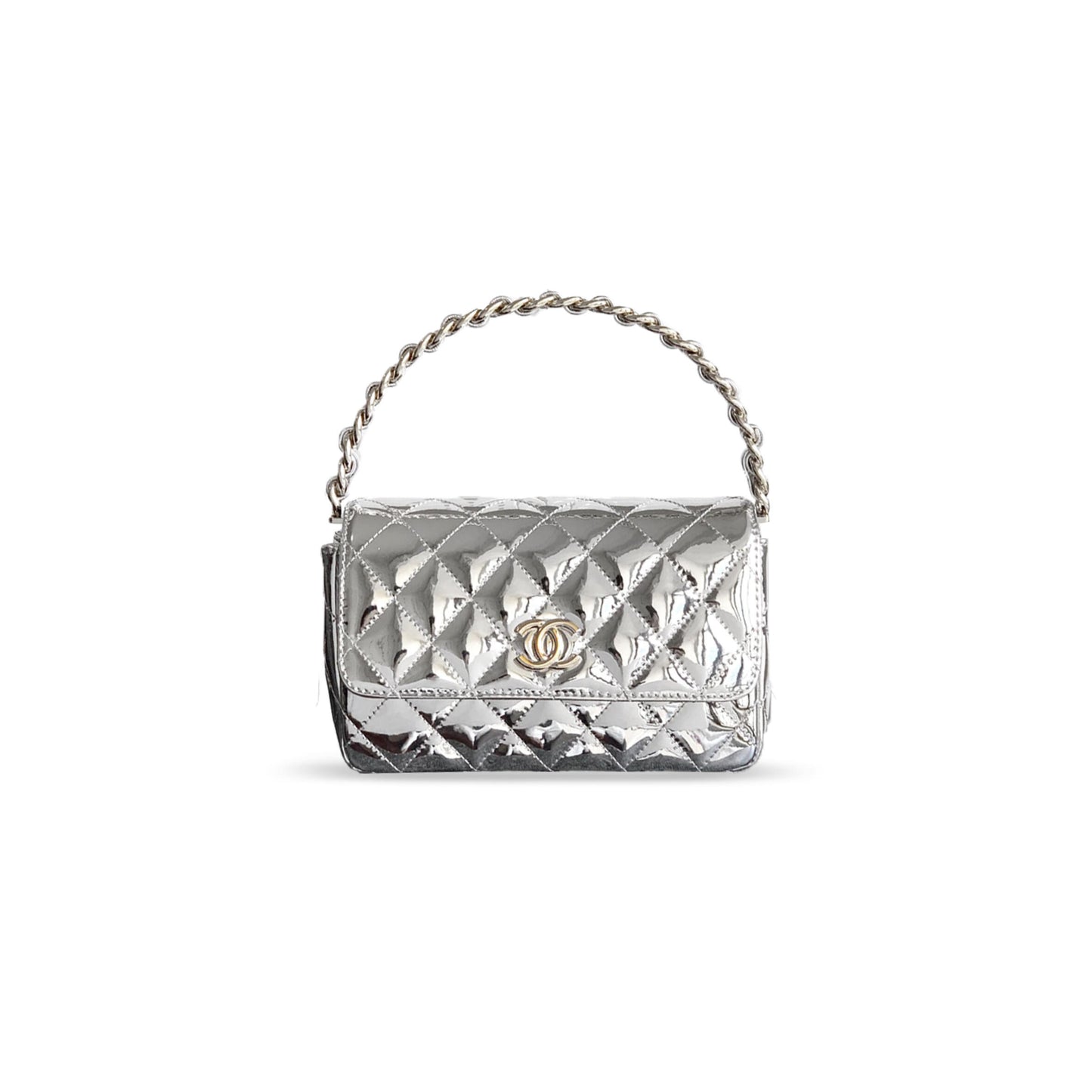 Ch*el handle flap bag patent calfskin & gold metal silver 496587 (18.5*10.5*8cm)