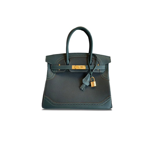 H**mes birkin 30 lace swift togo leather cypress green gold buckle bag 10101483 (30*22*15cm)