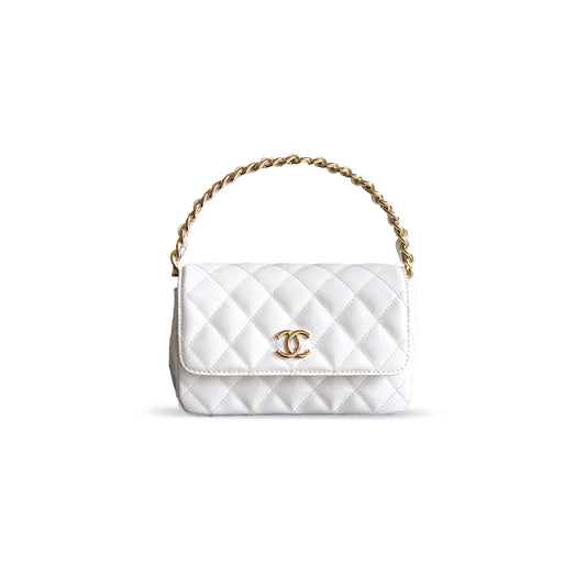Ch*el handle flap bag patent calfskin & gold metal white 496584 (18.5*10.5*8cm)
