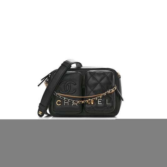 Ch*el calfskin quilted small camera case black as2923 (20.5*14.5*9cm)