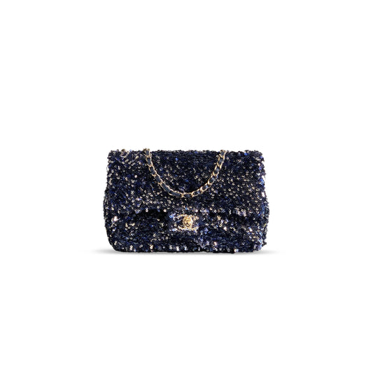 ch*el flap bag sequins & gold-tone metal G01den & night blue as4561 (21*14*8cm)