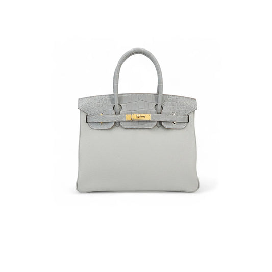 H**mes master birkin 25 crocodile and togo leather pearl grey gold buckle h076216ck15 (25*20*13cm)