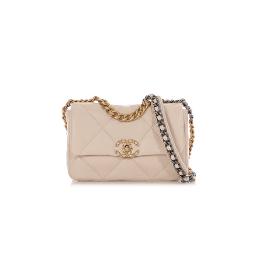 Ch*el ecru quilted lambskin Ch*el 19 flap bag mixed hardware as1160 (26*16*9cm)