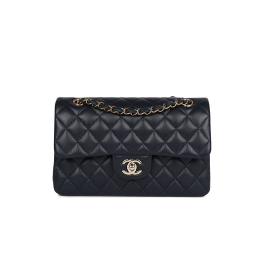 Ch*el small classic double flap navy lambskin light gold hardware (23*13*6cm)