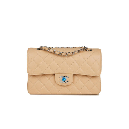 Ch*el small classic double flap bag beige caviar silver hardware (23*13*6cm)