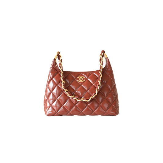 Ch*el master 24a hobo bag burgundy calfskin gold hardware (32*29*11cm)
