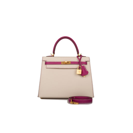 H**mes special order (hss) kelly sellier 25 rose pourpre and craie epsom brushed gold hardware handmade(25*17*7cm)