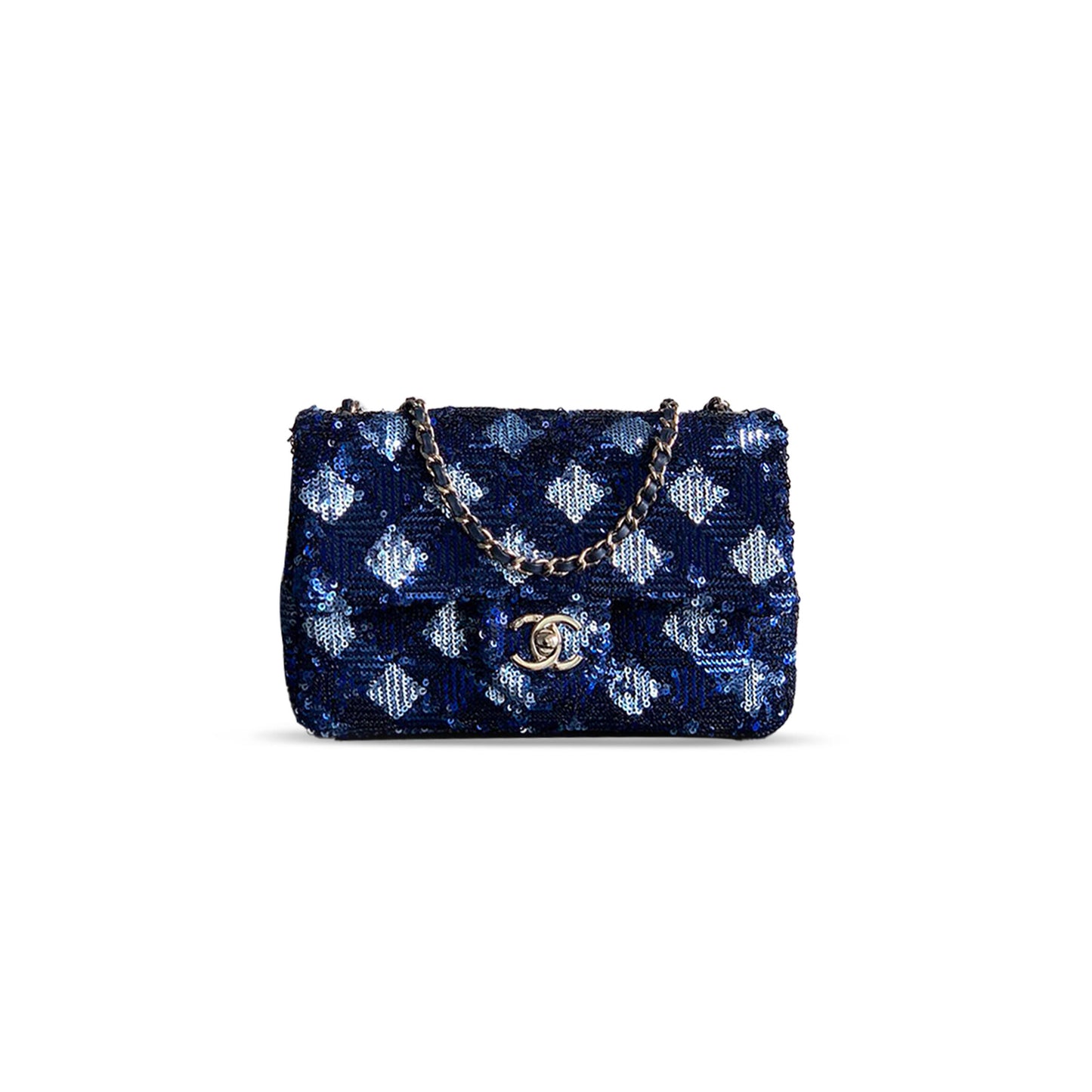 Ch*el flap bag sequins & silver metal & blue as4561 (21*14*8cm)