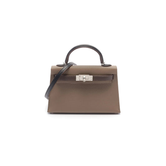 H**mes mini kelly ii tricolor etoupe ecorse handbag veau epsom gray brown black silver hardware outside (19*12*5.5cm)