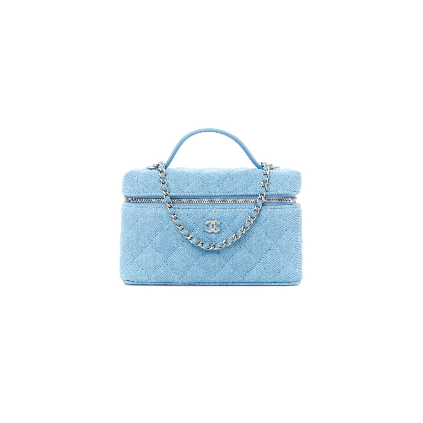 Ch**el denim quilted top handle slim vanity case with chain blue ap4385 (19.5*17*5cm)