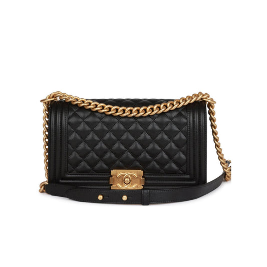 Ch*el medium boy bag black caviar antique gold hardware (25*15*9cm)