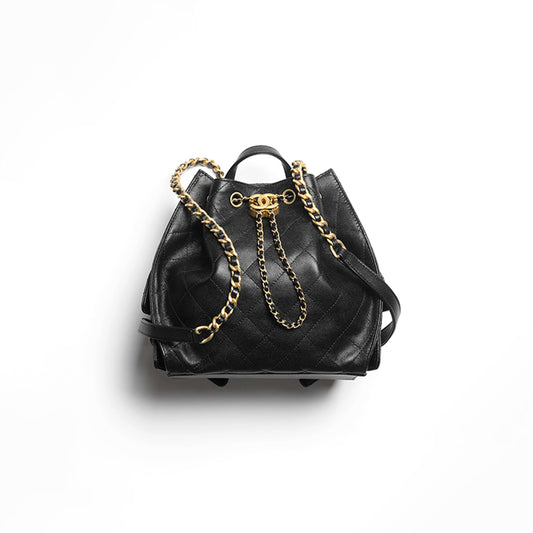 Ch*el 25 medium backpack grained calfskin & gold-tone metal black as5600 (23*23*14cm)