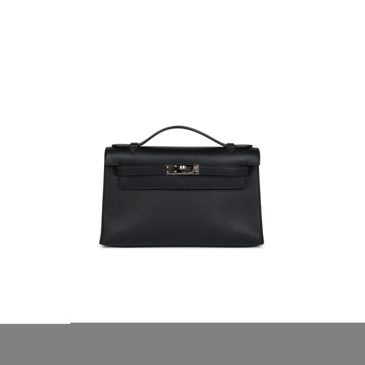 H**mes kelly pochette black with velvet green swift palladium hardware (22*14*7cm)