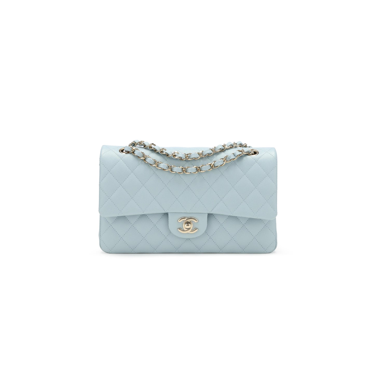 Ch*el medium classic double flap bag blue quilted caviar light gold hardware (25*15*7cm)