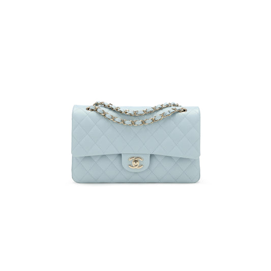 Ch*el medium classic double flap bag blue quilted caviar light gold hardware (25*15*7cm)