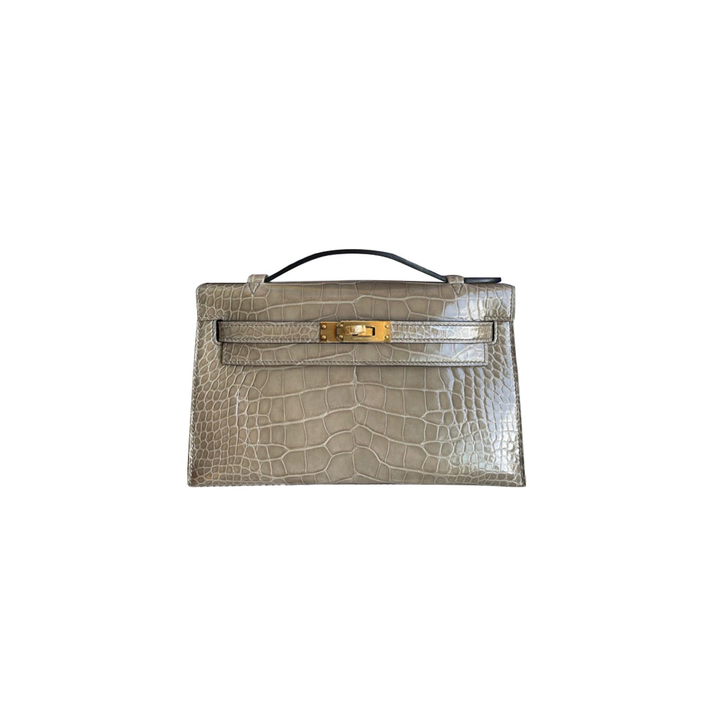 H**mes master mini kelly clutch shiny niloticus shiny crocodile leather trench coat gray gold buckle (22*14*7cm)
