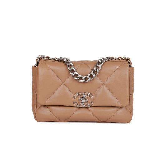 Ch*el medium 19 flap bag beige calfskin mixed hardware (25*16*9cm)